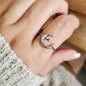 Thin Crescent Moon Star Ring - Sterling Silver Women Ring, Bohemian Jewelry -